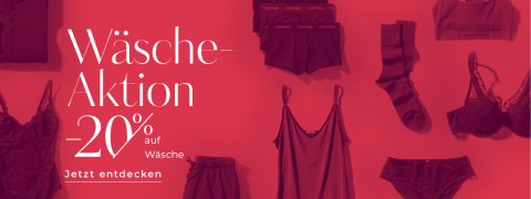 Rot getönte Werbung mit verschiedenen Kleidungsstücken wie Hemden, Dessous und Socken. Auf der linken Seite steht im deutschen Text „Wäsche Aktion“ und „20 %“, was einen Rabatt auf die Kleidung suggeriert.