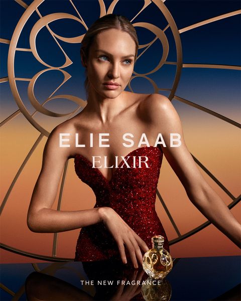 Person in einem roten Paillettenkleid posiert mit Elie Saab Elixir-Parfüm. Der Hintergrund zeigt ein stilisiertes, kreisförmiges Design mit Farbverlauf von Orange nach Blau. Text lautet: „Elie Saab Elixir“ und „Der neue Duft“.
