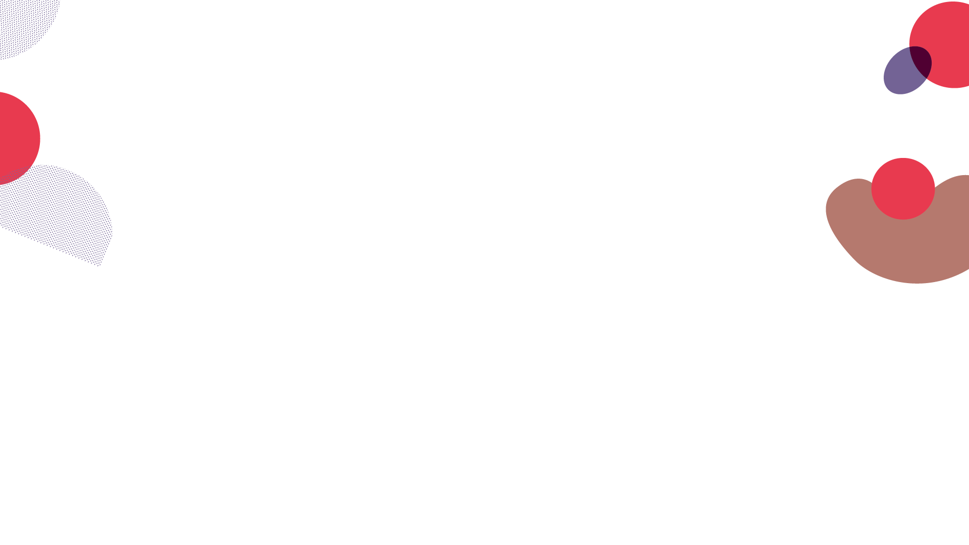 Abstraktes Design mit roten, violetten und braunen geometrischen Formen auf weißem Hintergrund. Auf der rechten Seite sind verschiedene Kreise und Halbkreise zufällig angeordnet, auf der linken Seite einige kleinere rote Kreise.