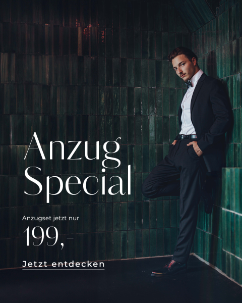 Mann im Anzug lehnt an einer dunkelgrün gefliesten Wand. Text lautet: „Anzug Special. Anzugset jetzt nur 199,- Jetzt entdecken.“.