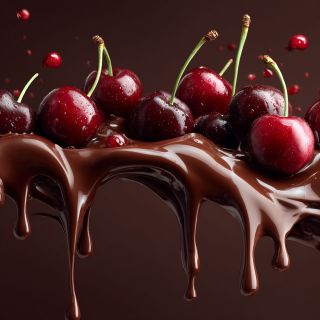 Glänzende rote Kirschen ruhen auf und über einem dicken Strom von fließender, geschmolzener Schokolade vor einem dunklen Hintergrund. Die Schokolade tropft herunter, während Tröpfchen und Spritzer die reiche, genussvolle Szene betonen.