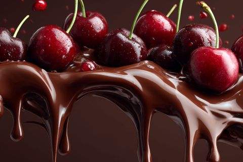 Glänzende rote Kirschen ruhen auf und über einem dicken Strom von fließender, geschmolzener Schokolade vor einem dunklen Hintergrund. Die Schokolade tropft herunter, während Tröpfchen und Spritzer die reiche, genussvolle Szene betonen.