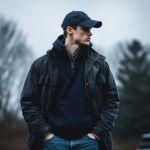 Ein junger Mann, der eine marineblaue Mütze, eine dunkle Jacke und Jeans trägt, steht an einem bewölkten Tag im Freien und hat die Hände in seinen Taschen. Im Hintergrund sind verschwommene Bäume zu sehen.