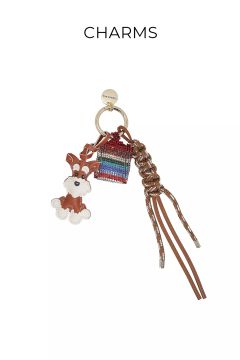 Ein Schlüsselanhänger mit einem braunen und weißen Hundeanhänger, einem rechteckigen Regenbogenperlenanhänger und einer braunen geflochtenen Schnur, die alle an einem goldenen Schlüsselring mit der Gravur "STELLA MCCARTNEY" befestigt sind. Darüber steht das Wort "CHARMS".