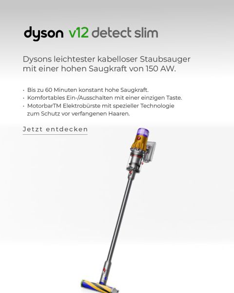 Bild eines Dyson V12 Detect Slim Staubsaugers. Der Text hebt Funktionen wie die hohe Saugleistung von 150 AW, bis zu 60 Minuten Dauerleistung und eine Motorbar™-Bürste hervor. Das Design ist elegant und in Gelb und Grau gehalten.