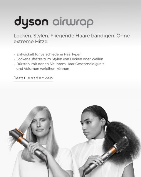 Werbung für den Dyson Airwrap mit zwei Frauen mit unterschiedlichen Frisuren, die das Produkt verwenden. Der Text betont die Fähigkeit zum Locken und Stylen ohne extreme Hitze und die Eignung für verschiedene Haartypen.