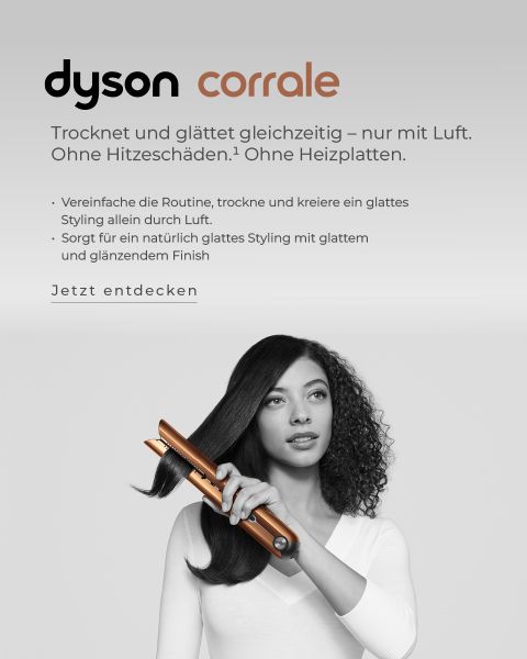 Eine Frau mit langen Haaren verwendet einen Dyson Corrale Haarglätter. Der Text hebt die Vorteile des Produkts hervor und betont das Trocknen und Glätten mit Luft und ohne Hitzeschäden.