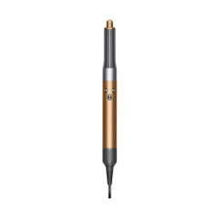 Ein gold-schwarzes Haarstyling-Gerät mit zylindrischem Schaft, ergonomischem Griff und angeschlossenem Netzkabel. Das Gerät hat ein schlankes, modernes Design mit zwei Tasten am Körper und einem strukturierten Griff an der Unterseite.