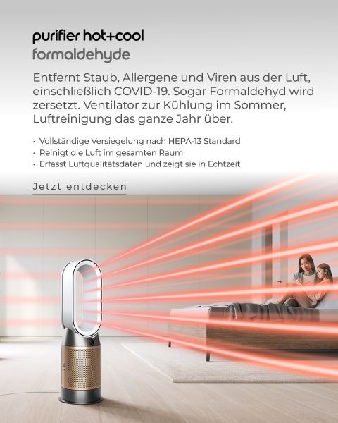 In einem modernen Wohnzimmer steht ein eleganter Luftreiniger, der rote Lichtstrahlen aussendet, um den Luftstrom zu veranschaulichen. Der Text hebt seine Funktionen hervor: HEPA-13-Filterung, ganzjährige Luftreinigung, COVID-19-Schutz und Formaldehydentfernung.