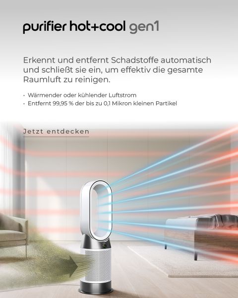 Das Bild zeigt einen eleganten, modernen Luftreiniger, der rote und blaue Luftstromlinien aussendet, die warme und kühle Luft darstellen. Er steht in einem stilvollen Wohnzimmer. Der deutsche Text wirbt für seine Effizienz bei der Schadstoffentfernung.
