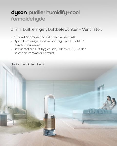 Werbung für einen Dyson Luftreiniger mit deutscher Funktionsbeschreibung. Die Funktionen werden in den Vordergrund gestellt: Luftreinigung, Luftbefeuchtung und Belüftung. Das Bild zeigt das Gerät in einem modernen, lichtdurchfluteten Raum mit einem entspannten Paar im Hintergrund.