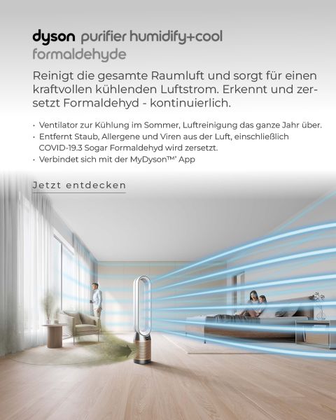 Ein modernes Wohnzimmer mit großen Fenstern und hellen Holzböden. Auf dem Boden steht ein Dyson-Luftreiniger, aus dem blaue Linien strömen, die gereinigte Luft symbolisieren. Ein Text beschreibt die Vorteile und Funktionen des Produkts auf Deutsch.