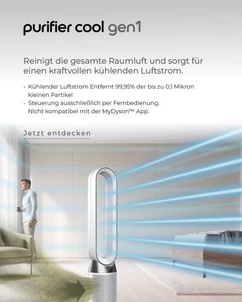 Werbung für einen Luftreiniger. Zeigt einen schlanken, hohen Ventilator, der einen blauen Luftstrom in einem modernen Wohnzimmer ausstößt. Der Text hebt die Luftreinigungs- und Fernbedienungsfunktionen hervor. Ein Mann steht in ruhiger Atmosphäre neben dem Ventilator.