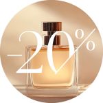 Abgebildet ist ein quadratischer Parfümflakon mit einer Metallkappe. Ein großer weißer Text überlagert "-20%", was auf einen Rabatt von 20% hinweist. Der Hintergrund ist warm und sanft beleuchtet.