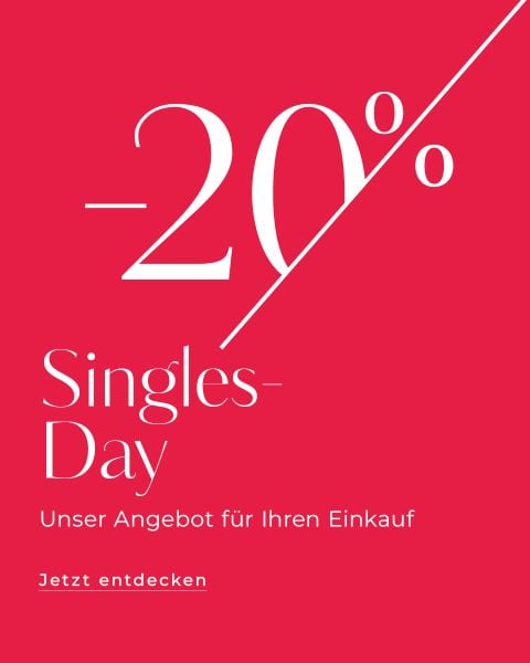 Rote Werbegrafik mit „-20 %“ in großer weißer Schrift. Darunter steht „Singles-Day“, gefolgt von „Unser Angebot für Ihren Einkauf“ und „Jetzt entdecken“, alles in Weiß. Eine diagonale Linie trennt „-20 %“ vom Rest des Textes.