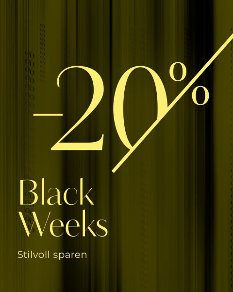 Der gelbe Text auf dunkelgoldenem Hintergrund lautet: "-20% Black Weeks Stilvoll sparen" mit einer vertikalen Linie, die das Prozentzeichen teilt. Der Hintergrund ist mit vertikalen Farbverläufen und subtilen kreisförmigen Mustern versehen.
