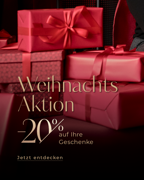 Rote Geschenkboxen mit Bändern vor dunklem Hintergrund. Text in Gold: „Weihnachts-Aktion“ mit Angebot „-20 % auf Ihre Geschenke“. Unten steht: „Jetzt entdecken.