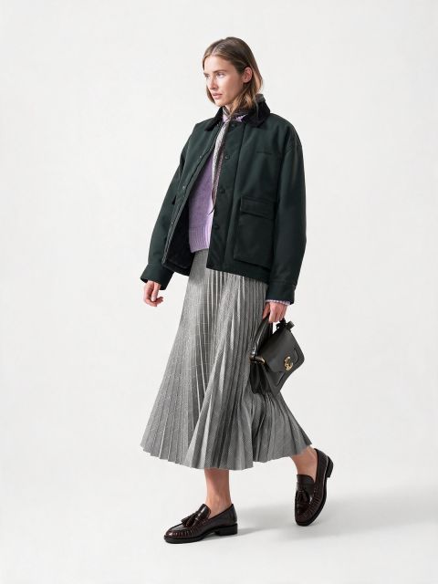 Eine Frau in schwarzer Jacke, lila Pullover, silbernem Faltenrock und Loafern, die eine schwarze Handtasche in der Hand hält, geht vor einem schlichten weißen Hintergrund.