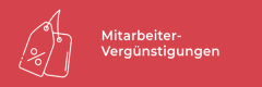 Weißer Umriss von zwei Preisschildern auf rotem Hintergrund, mit dem deutschen Text "Mitarbeiter-Vergünstigungen" in fetten weißen Buchstaben.
