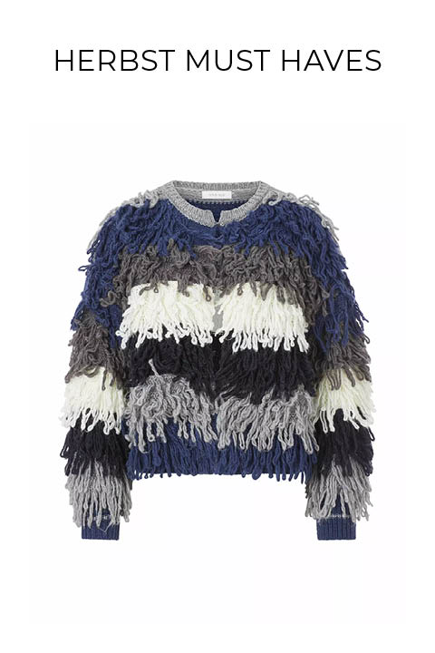 Ein mehrfarbiger, langärmeliger Pullover mit zotteliger Fransenstruktur in blauen, grauen, weißen und schwarzen Streifen auf einem einfarbig weißen Hintergrund mit dem Text "FASHION TIPP" darüber.