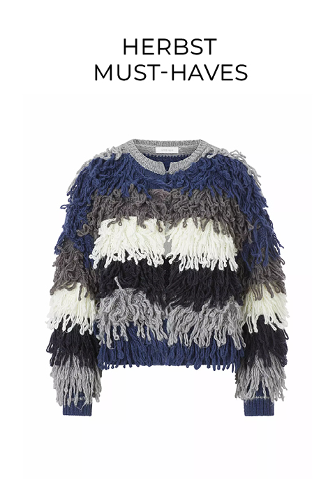 Ein mehrfarbiger, langärmeliger Pullover mit zotteliger Fransenstruktur in blauen, grauen, weißen und schwarzen Streifen auf einem einfarbig weißen Hintergrund mit dem Text "FASHION TIPP" darüber.