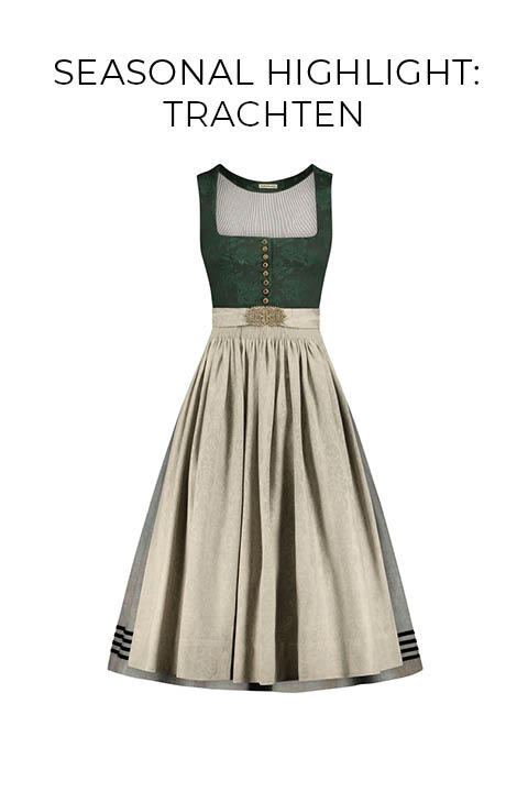 Ein traditionelles deutsches Dirndlkleid mit grünem, tailliertem Mieder, dekorativen Knöpfen vorne und einem beigen Schürzenrock, dargestellt auf einem schlichten weißen Hintergrund mit dem Wort "TRACHT" darüber.