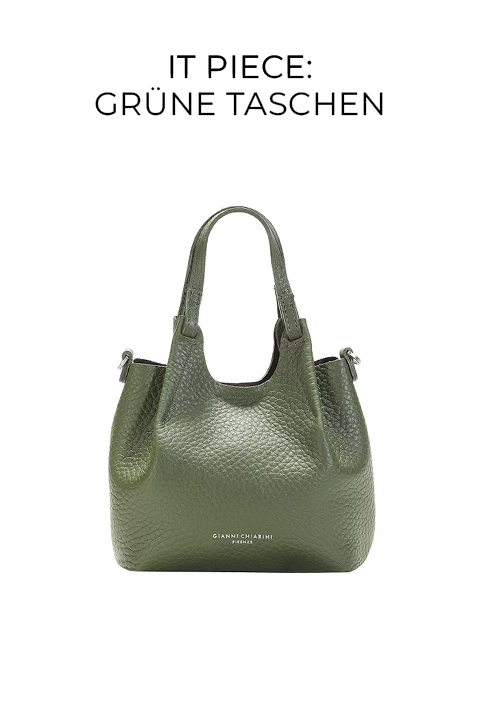 Eine mittelgroße, strukturierte grüne Handtasche mit zwei Henkeln und silbernen Beschlägen vor einem weißen Hintergrund mit dem deutschen Text "GRÜNE TASCHEN" darüber.