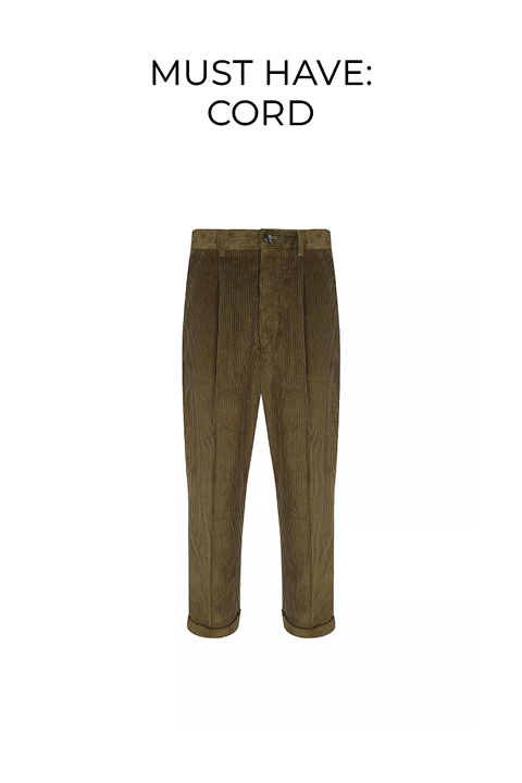 Olivgrüne Cordhose mit hoher Taille, Knopfverschluss vorne und umgeschlagenen Säumen, dargestellt vor einem schlichten weißen Hintergrund. Über der Hose ist das Wort "CORD" zu lesen.