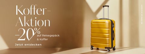 Rechts steht ein gelber Hartschalenkoffer mit verlängertem Griff. Links wirbt deutscher Text mit 20 % Rabatt auf Gepäck und Koffer. Beiger Hintergrund, minimalistischer Stil.