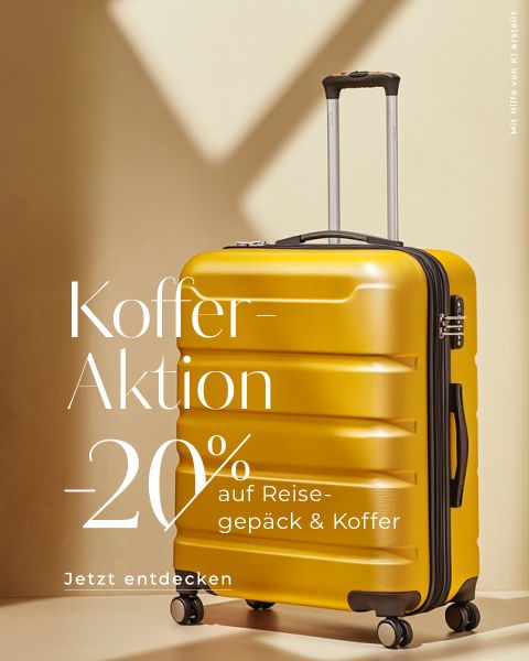 Auf einem beigen Untergrund steht ein leuchtend gelber Hartschalenkoffer mit verlängertem Griff. Ein deutscher Text wirbt mit 20 % Rabatt auf Reisegepäck und Koffer und lädt zum Entdecken ein.