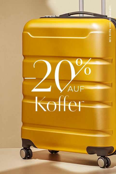 Abgebildet ist ein leuchtend gelber Hartschalenkoffer mit vier Rollen. Der eingeblendete deutsche Text lautet „-20% auf Koffer“, was auf einen Rabatt von 20 % auf Koffer hinweist.