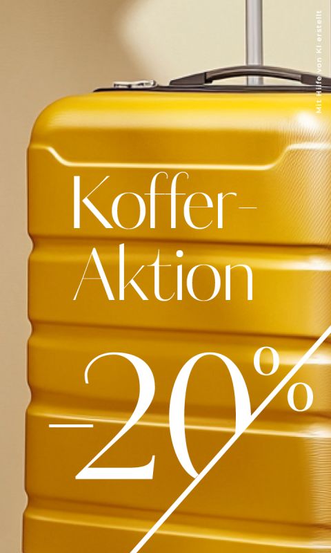 Ein gelber Hartschalenkoffer mit der Aufschrift „Koffer-Aktion -20%“, was auf eine Rabattaktion von 20 % auf Koffer hinweist.