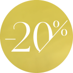 Ein gelber Kreis mit weißem Text, der „-20 %“ in einer stilvollen Schriftart anzeigt.