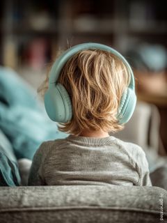 Ein kleines Kind in einem roten Pullover mit weißen Baummustern sitzt auf einem gemütlichen Teppich und trägt rote Kopfhörer. Das Kind steht vor einem geschmückten Weihnachtsbaum, der von Geschenken umgeben ist und in weicher, festlicher Beleuchtung warm leuchtet.