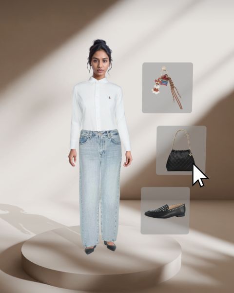 Eine Frau mit weißem Hemd und hellblauen Jeans steht auf einem runden Podest. Neben ihr befinden sich Ikonen aus Ohrringen, eine schwarze gesteppte Handtasche und schwarze Nietenschuhe.
