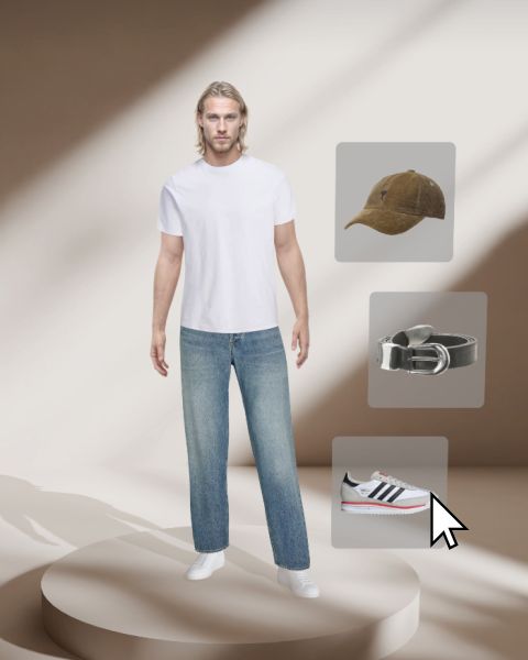 Ein Mann in einem weißen T-Shirt und blauen Jeans steht auf einem runden Podest. Overlay-Symbole zeigen eine braune Kappe, einen schwarzen Gürtel und einen weißen Turnschuh mit schwarzen Streifen, der durch einen großen Cursor hervorgehoben wird.