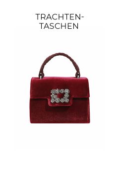 Eine luxuriöse Handtasche aus rotem Samt mit geflochtenem Griff und einer verzierten, mit Juwelen verzierten Schnalle auf der Vorderseite. Der Text oben lautet „TRACHTEN-TASCHEN“.