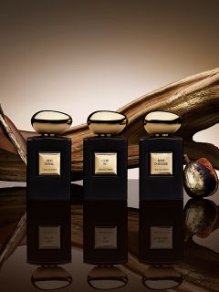 Es werden sechs elegante Parfümflakons mit glatten, goldfarbenen Verschlüssen ausgestellt. Sie sind auf und um einen Goldblock angeordnet und tragen verschiedene Etiketten mit den Aufschriften „OUD“, „SNAKE“ und „OUR“, die jeweils kunstvolle schwarz-goldene Muster auf einem sanften grauen Hintergrund aufweisen.