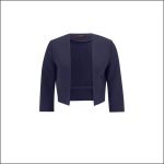 Ein marineblauer, langärmeliger, vorne offener, kurz geschnittener Blazer, präsentiert vor einem schlichten weißen Hintergrund.