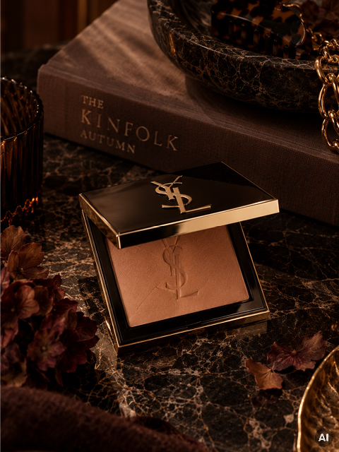 Ein YSL-Kompaktpuder liegt offen auf einem Marmortisch, umgeben von getrockneten Blumen, einem Glas und einem Buch mit dem Titel „The Kinfolk Autumn“.