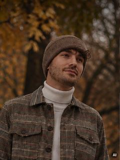 Ein Mann mit einer braunen Mütze und einer karierten Jacke steht im Freien vor dem Hintergrund herbstlicher Bäume, blickt zur Seite und lächelt leicht.