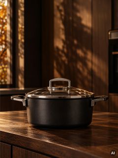 Auf einer hölzernen Küchenarbeitsplatte steht ein schwarzer Fissler-Topf mit Glasdeckel, während im Hintergrund warmes Sonnenlicht durch ein Fenster fällt.