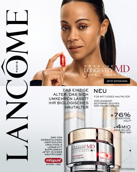 Werbung für Lancômes Parfüm „La Vie Est Belle“. Zwei lächelnde Frauen, von denen eine eine Flasche hält. Der Text enthält „La vie est belle“ und „Mach das Leben schön“. Außerdem wird erwähnt, dass man den neuen Duft „L'Extrait“ auf Deutsch ausprobieren wird.