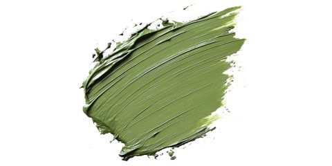 Ein Abstrich aus glatter, cremiger grüner Tonmaske auf weißem Hintergrund. Die Textur ist dick mit sichtbaren Pinselstrichen und die Farbe ist ein natürliches Tongrün.