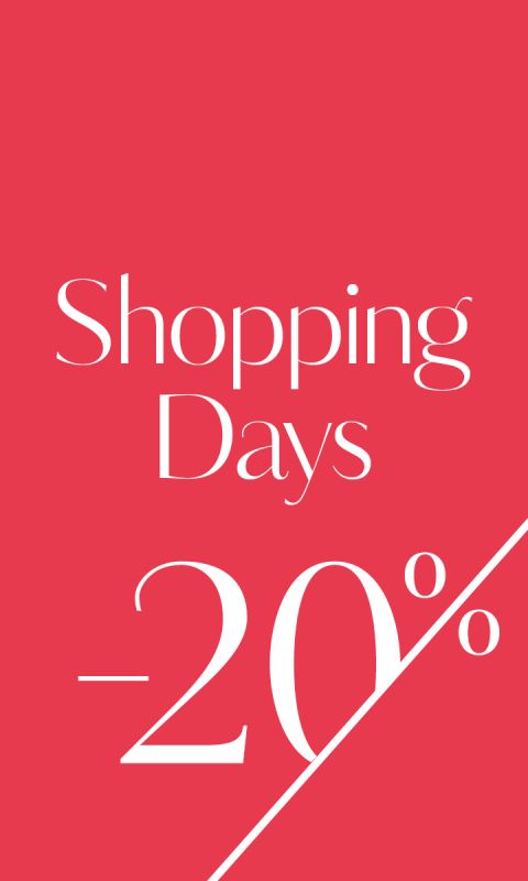 Roter Hintergrund mit weißem Text mit der Aufschrift „Shopping Days -20%“. Der Text ist durch eine diagonale weiße Linie unterteilt.