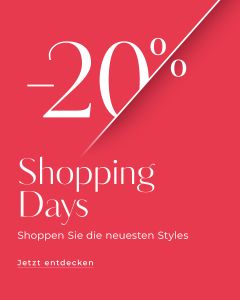 Rotes Werbebild mit weißem Text, der in großer Schrift „-20% Shopping Days“ zeigt. Darunter steht „Shoppen Sie die neuesten Styles“ und „Jetzt entdecken“. Eine diagonale Linie erzeugt rechts einen Falteffekt.
