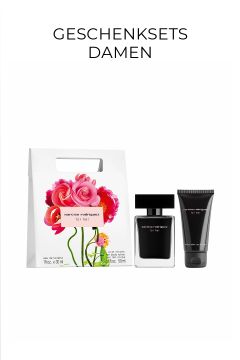Ein Geschenkset für Damen mit einem Narciso Rodriguez-Parfümflakon, einer passenden Tube und einer floralen Schachtel. Oben steht „GESCHENKSETS DAMEN“.