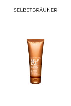 Eine aufrecht stehende Tube Clarins Self Tan Milky Lotion steht zentriert auf einem weißen Hintergrund, darüber steht das Wort „SELBSTBRÄUNER“.