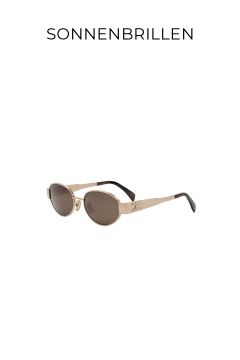 Eine ovale Sonnenbrille mit goldenem Rahmen, braunen Gläsern und schwarzen Bügelenden. Über dem Bild steht auf weißem Hintergrund der Schriftzug „SONNENBRILLEN“.