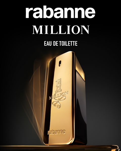 Ein rechteckiger goldener Parfümflakon mit der Aufschrift „1 Million“ von Rabanne und darüber dem Text „MILLION EAU DE TOILETTE“ auf schwarzem Hintergrund.